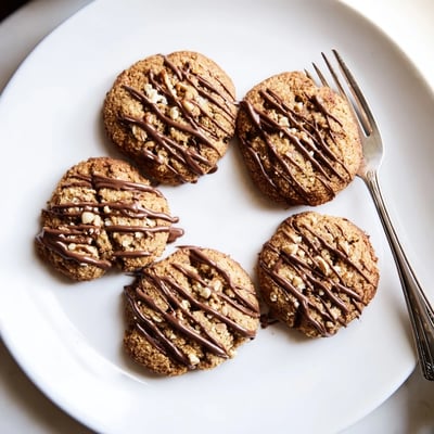 Warm keto vanilla hazelnut butter drizzle cookies fresh from the oven with luscious nutty icing