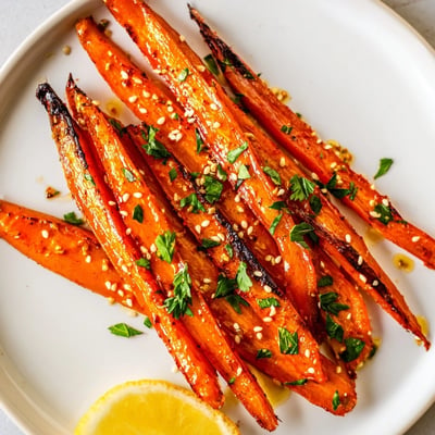 Smoky roasted carrot spears glistening with olive oil and sprinkled with fresh parsley