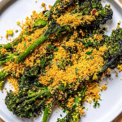 Golden breadcrumb-topped roasted broccolini with garlic herb crunch glowing with lemon zest