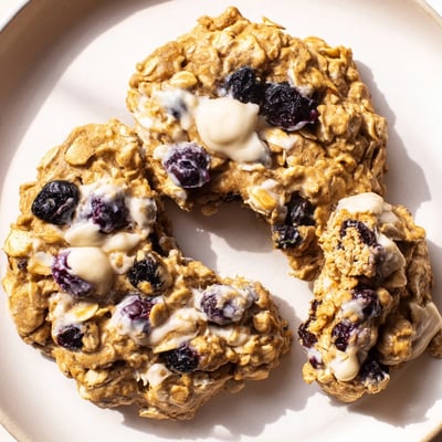 Soft vegan blueberry vanilla swirl oatmeal raisin cookies drizzled with creamy vanilla swirl and studded with fruit
